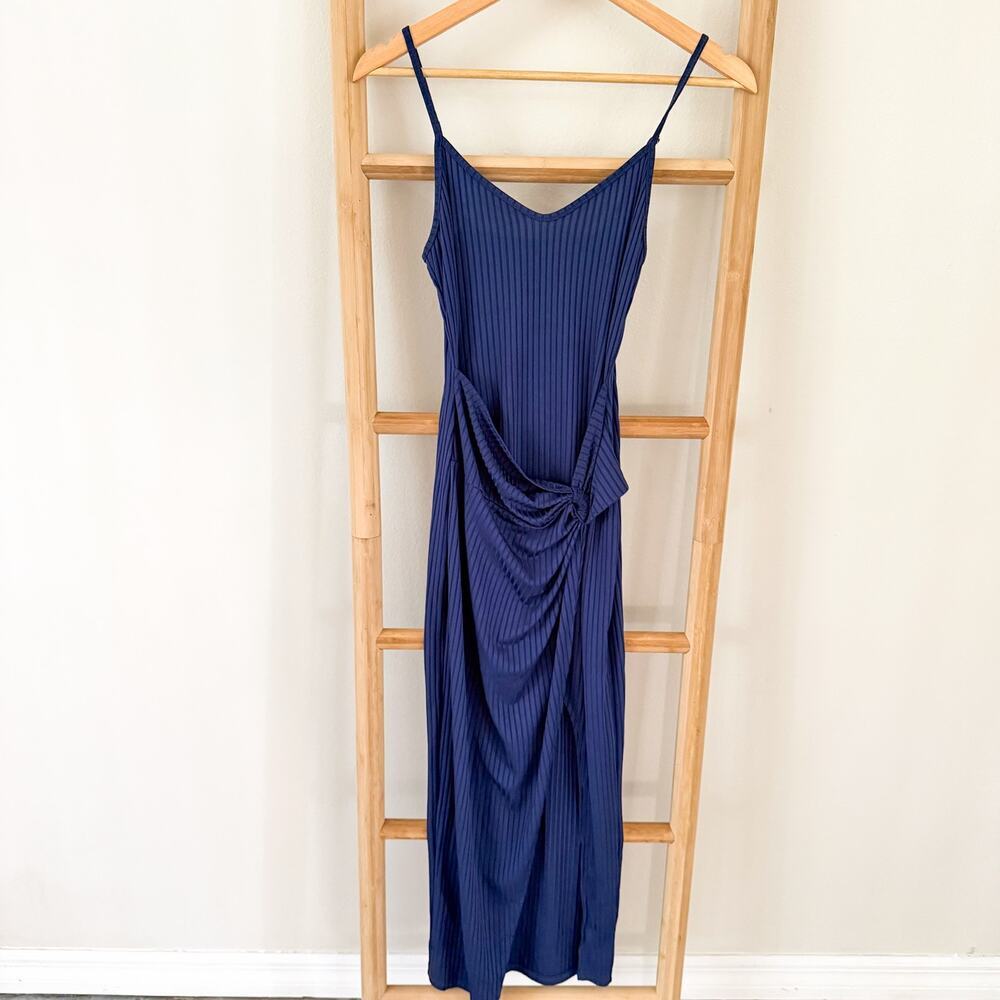 SHEIN Blue Ribbed Ruched Side Slit Bodycon Midi Dress Small